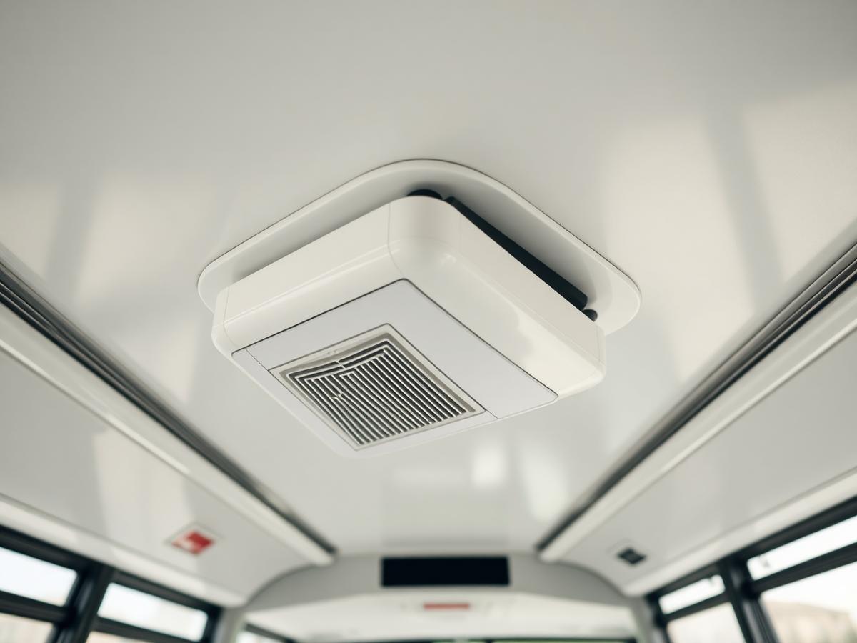 Ceiling-mount transit air purifier installed in a city bus cabin